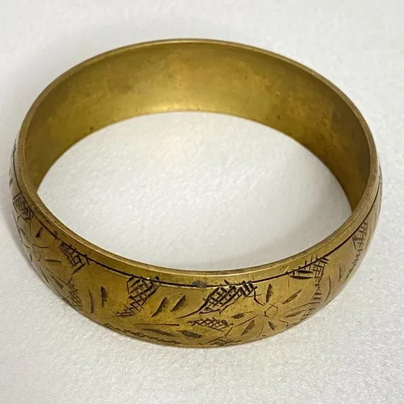 💎Bangle Bracelet Bronze Tone Chunky Flower Leaf Engraved - Picture 3 of 8